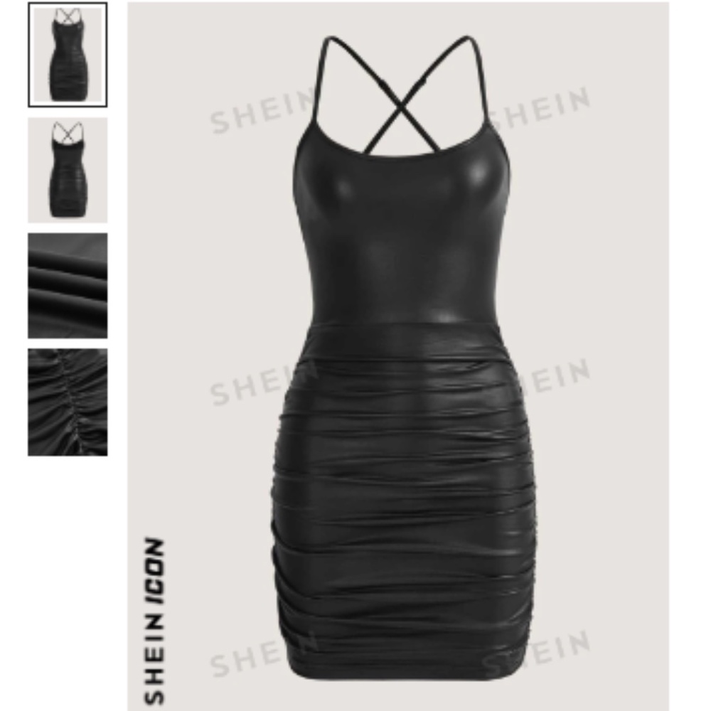 SHEIN ICON Ruched PU Leather Bodycon Dress